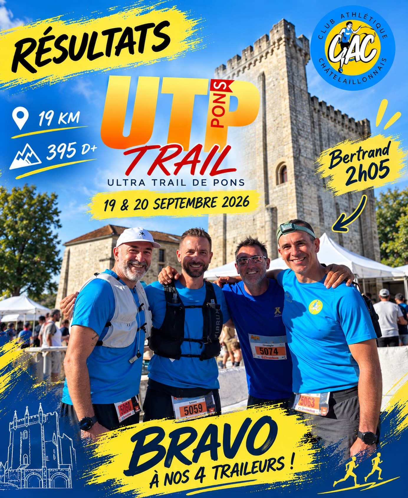 Affiche des résultats du CAC à l'Ultra Trail de Pons, avec les quatre traileurs devant le donjon de Pons